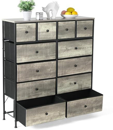 Clevich Commode pour Chambre à Coucher, Armoire à 12 Tiroirs en Tissu Meuble de Rangement avec Dessus en Bois et Grand Espace de Rangement Chambre à Coucher, Salon, Entrée (Gris)