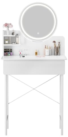 Sminkbord med LED-spegel (3 ljuslägen), sminkbord med 2 lådor och 3 förvaringshyllor, kompakt toalettbord för små utrymmen vitt