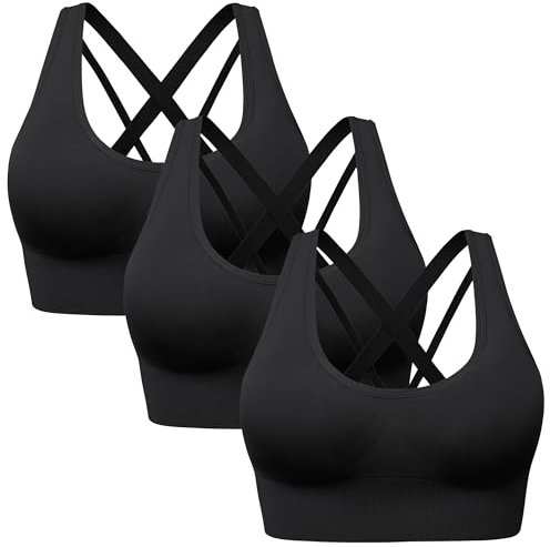 HBselect 3 Pack Comfort Strappy Sports Bras for Women UK with Removable Pads, Wireless Seamless Plus Size Sleep Bras for Girls in Yoga Bralette Running Leisure Crop Gym Stretch Tops Vest