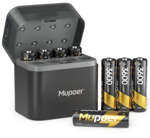 Rechargeable Battery AA with Hybrid Charger,3600mWh Lithium AA Batteries 8 Count 1.5V,Aa Battery Charger for NiMH & Lithium Batteries,Integrated Charging Storage Box Gray,8 Slot,Fast Charging