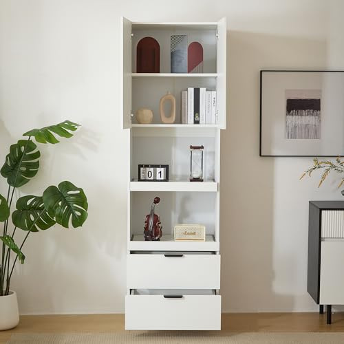 FAYICIC Armario de Cocina Alto Multifunción de 200 cm Con Cajones, Puertas, Estantes para Microondas, Protección Antivuelco, Color Blanco