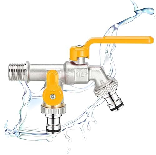 MKNZOME Robinet de Jardin à Double Sortie, Répartiteur de Tuyau en Laiton Inoxydable 2 Voies avec Entrée 1/2 et 2 Sorties 3/4 Pouces, Kit de Robinet Extérieur pour Jardin, Maison, Industrie