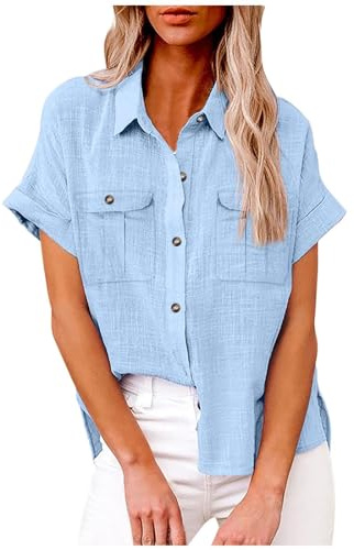 Generisch Blouse Nœud Femme Hauts avec Poches Manches Courtes Couleur Unie Décontractée Chemise à Manches Courtes Femme Élégant Chemisier Manches Courtes, bleu clair, XL