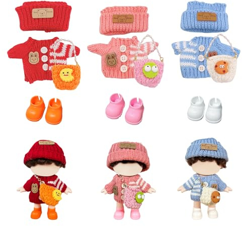 Mrltau Set di 3 Pezzi di Abbigliamento per Bambole per Bambole in Vinile da 15/17 cm, Completo Lavorato a Maglia con Giacca, Cappello, Mini Borsetta e Scarpe, Accessori per Bambole Adorabili