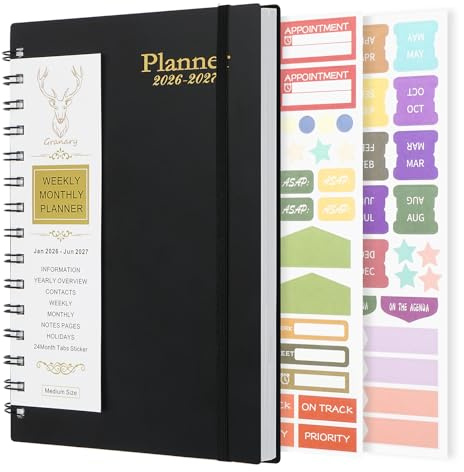 Diary Monthly Planner Notebook - 18 Months from Jan 2026 - Jul 2027 Academic Calendar Book A5 Spiral Bound Weekly Planning Journal for Teacher Student Calendar Notepad for School Work Travel (Black)