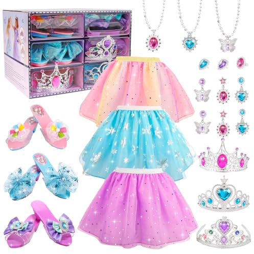 Givzan Princess Dress Up for Girls 4-6, Dress Up Clothes with Princess Shoes & Jewelry, Kids Toys for 3-6 Years Girl Toddler ​Brithday Day Party Favors, Girl Role Play Gifts