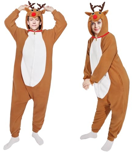 Boyigog Costume de renne de Noël pour adultes – Combinaison à capuche avec fermeture éclair marron pour femmes, hommes, couples (taille XL)