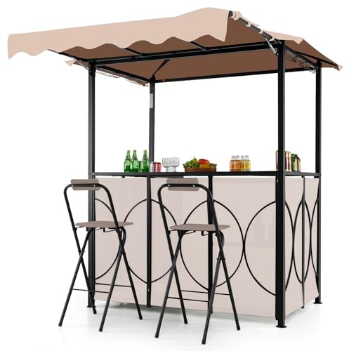 GOPLUS Gazebo para Barbacoa, Pabellón de Jardín con Toldo Lateral, Mesa de Bar, 2 Taburetes Plegables, Estantes de Malla Metálica, Gancho y 4 Filas de Portavasos, Carpa con Techo Doble (Café)