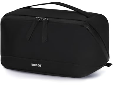 WANDF Kulturtasche für Herren, Reise-Kulturbeutel aus PU-Leder Organizer mit Abnehmbarer Wasserdichter Hängetasche, Offenes Flaches Kosmetiktasche mit Nassfach für Reiseaccessoires (Schwarz)