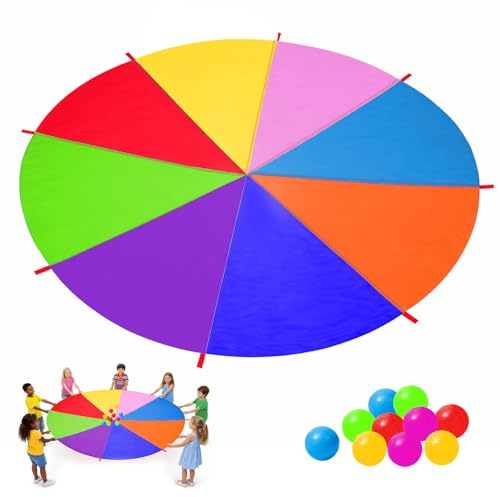 Tbintul Grande Tente de Parachute pour Enfants,3,6m Arc-en-Ciel Jouet Parachute avec 8 Poignées et 10 boules,Jeux de Plein air pour Enfants pour Fêtes en Anniversaire Fêtes en Groupe