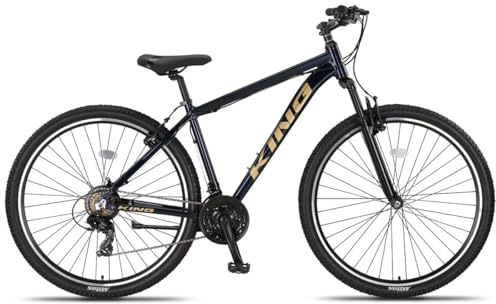 DEPORBIKES Bicicleta montaña Adulto 29 Pulgadas | Cuadro de Aluminio + 21 Velocidades Shimano + Suspensión Delantera con Bloqueo + Frenos V-Break | Bicicleta montaña Segura y Resistente (Azul-Oro)
