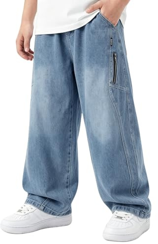 Keyck Jean Baggy Garçon Enfants Pantalon en Denim Streetwear Pant 7-15 Ans | avec Taille Élastique, Multiples Poches, Loose Fit, Décontracté Large Long Jeans, Confortable Casual Mode Pantalon de Jogging