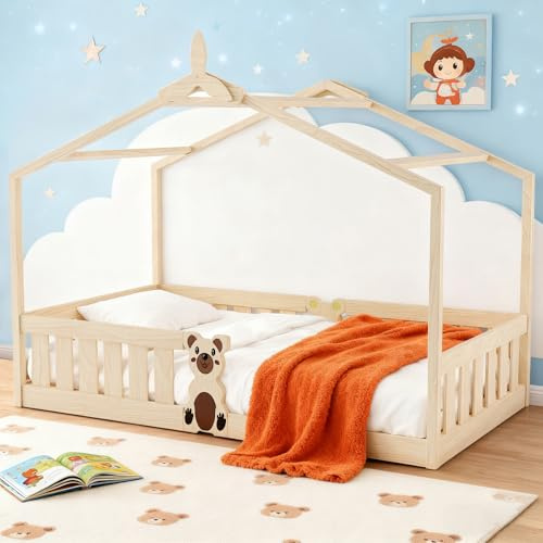Krovtoy Natural Toddler House Bed 90x200cm, Pinewood Montessori Bed with Guardrails