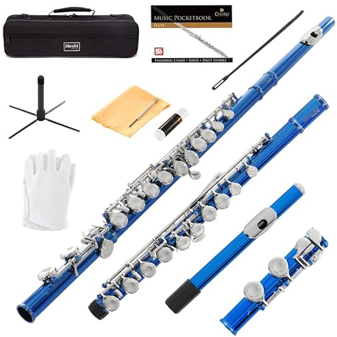 Mendini By Cecilio Flute, 16 Keys Closed Hole C Flute Instrument For Beginners with Carrying Case, Cork Grease, Stand, Lesson Book, Cleaning Kit, Gloves (Blue)