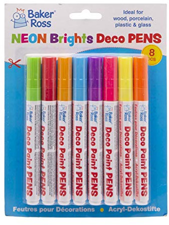 Baker Ross Deco Stifte in Neonfarben (8 Stück) Neonfarbene Deco Stifte (Acrylfarben auf Ölbasis) perfekt zum Dekorieren von Porzellan, Holz, Glas und Papier