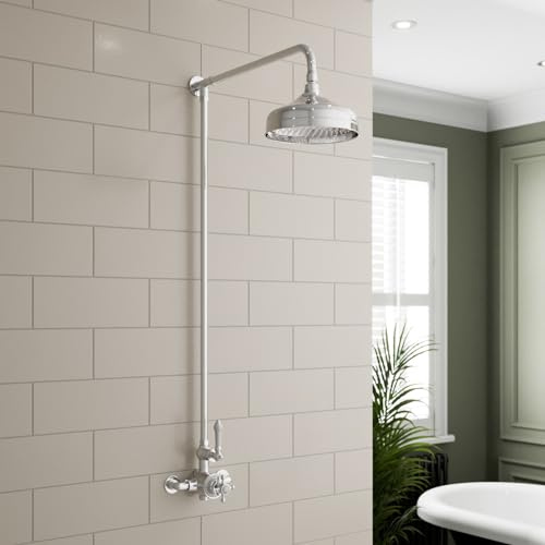 Park Lane® Bathroom Thermostatic Mixer Shower, Traditional Crosshead Exposed Bar Valve Round Drencher Rainfall Head Victorian Style Showers, Chrome