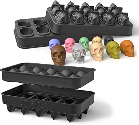 JasCherry Bandejas para Cubitos de Hielo Silicona, 10 Cavidades 3D Cubitos Calavera Molde de sin BPA, Moldes reposteria halloween para Cubo Hielo Calavera para Enfriar Whisky, Vodka, Cócteles y Fiesta