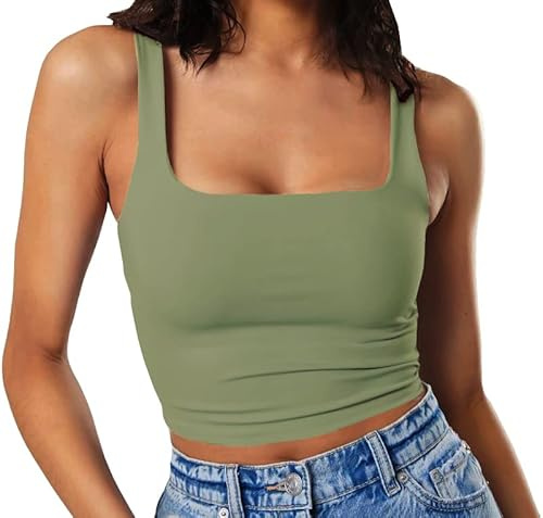 Artfish Women's Sleeveless Strappy Seamless Crop Tank Tops Square Neck Workout Fitness Basic Cropped Camis Olive Green, S