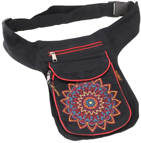 GURU SHOP Stoff Sidebag & Hüfttasche Mandala, Goa Gürteltasche, Bauchtasche aus Nepal - Schwarz/rot, Herren/Damen, Baumwolle, Size:One Size, 28x20x3 cm, Festival- Bauchtasche Hippie