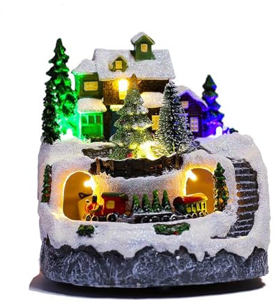 Casa di villaggio di Natale, scena natalizia in resina con luce LED e musica, luminosa casa del villaggio di Natale, trenino rotante automatico natalizio, regali decorativi natalizi (C)