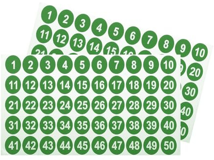 QUARKZMAN 2 ark runt nummer klistermärke 1–50 vinyl i följd nummer etiketter självhäftande nummer kontor klassrum låda grön förvaring (1 tum vardera)
