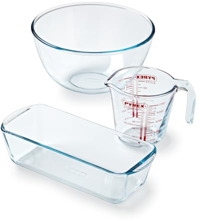 Pyrex - 3-teiliges Gebäck-Set – 1 x 0,5 l Messbecher + 1 x 2 l Rührschüssel + Kuchenform – Borosilikatglas – kratzfest