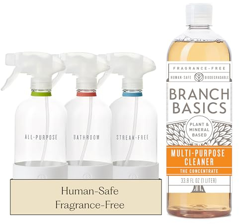 Branch Basics Cleaning Essentials Kit: All Purpose, Glass and Bathroom Cleaner - Concentrate (33.8 Oz) (24 Refills) + Refillable Glass Spray Bottles (16 Oz) Plant Based, Human-Safe, & Fragrance Free