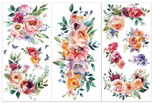 OLYCRAFT 3 Stück/Set Aquarellblumen Abziehbilder Zum Aufreiben Für Möbel Und Kunsthandwerk 15x30cm Große Rosen Dekor Transferaufkleber Florale Abziehbilder Zum Aufreiben Für Holzmöbel Scrapbooking