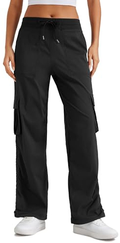 CRZ YOGA Lightweight Cargo Casual Pants for Women 30 - Ruched Straight Leg Travel Athletic Hiking Joggers Black Medium