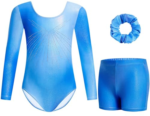 Gogokids Mädchen Dreiteilige Gymnastikanzüge, Langärmliges Gymnastik Set mit Shorts und Haarband, Glitzernde Balletteinheitstrikots - Gymnastik Outfit mit Farbverlaufdesign für 11-12 Jahre