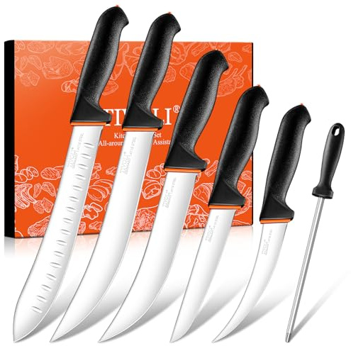 TIVOLI Butcher Knife Set 6pcs - Game Processing Knife Set with 7 Sharpener Rod - Non-Slip Softgrip & German Stainless Steel - Skinning Boning Trimming Poultry Knives for Meat Cutting - Gifts for Mom