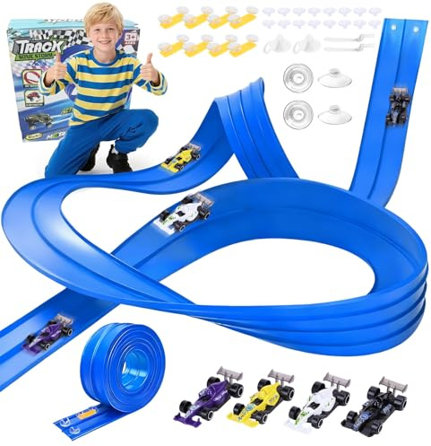 5M Flexible Race Track Includes 4 Alloy Cars - Speed Track for Toy Cars, Flexible Car Tracks for Kids, Roll Up Race Track with 32 Accessories Attach to Windows Doors for Loops, Jumps, Ramps (Blue)