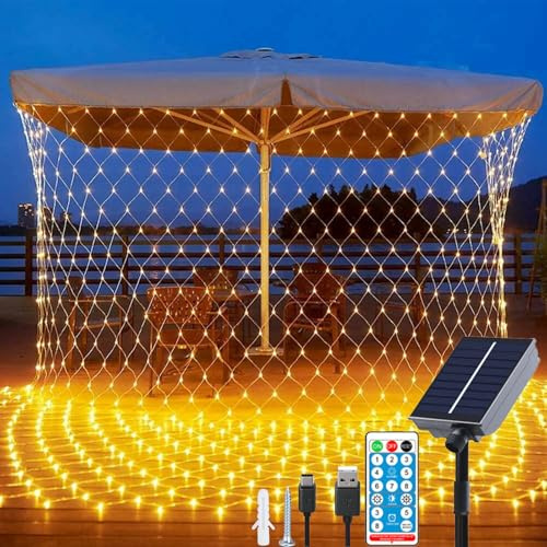 Fonysien Red de Luces Solare 1.5 * 1.5M 96LEDs Impermeable Luz Red de Navidad Exterior con Control Remoto, 8 Modos Guirnalda Luces Neta para Navidad Fiestas Bodas Patio Giardino Árbol
