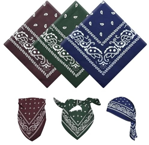 YAWYO Lot de 3 Bandanas, Écharpe Polyvalente à Motif Cachemire, Bandeaux ou Foulards Unisexes pour Hommes et Femmes, Accessoires Cowboy (Vert Foncé, Café, Bleu Marine)