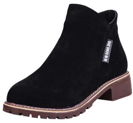 Generisch Botas de invierno para mujer, botines con cordones, botines de ante corto, tacón bloque, cremallera lateral, informales, cómodos, para otoño e invierno, Negro , 40 EU