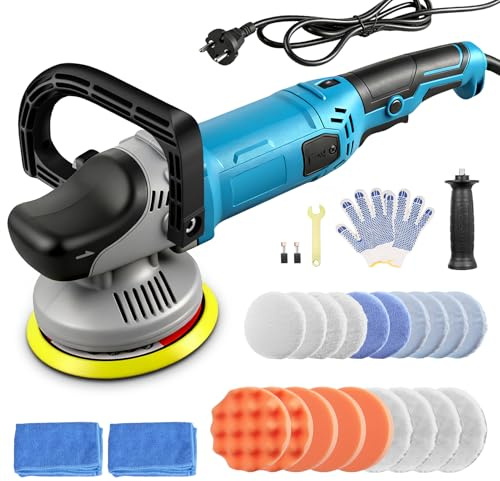 Pulidora profesional para coche, 150 mm, 1200 W, máquina pulidora excéntrica, 8 velocidades, 1000 – 4200 rpm, cable de 2 m, mango en D extraíble y mango lateral, para pulir coches, muebles