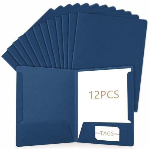 Lot de 12 Chemises Cartonnées A4, Porte Documents A4 en Papier Kraft | Chemise Dossier avec 2 Pochettes et Fente pour Carte de Visite, pour Bureau École Maison (Bleu foncé)