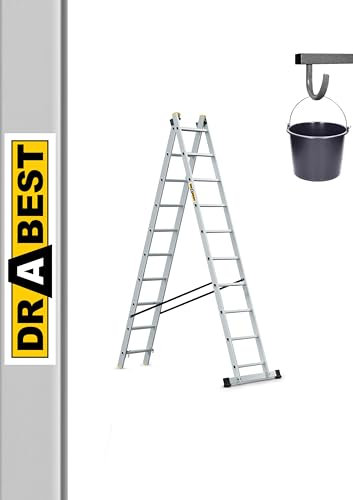 DRABEST Pro Aluminium-Leiter - Stark und langlebig - Verzinkte Haken - EN-131 Standard - Ergonomische Konstruktion - 2-Element - 2x10 Sprossen 150 kg Belastbarkeit - 48 x 432 x 13,5 cm