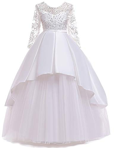 MYRISAM Filles Appliques Dentelle Robe de Première Manches Longues Princesse de Demoiselle d'honneur Robe de Mariée Soirée d'anniversaire Baptême Carnaval Noël Fête Bal