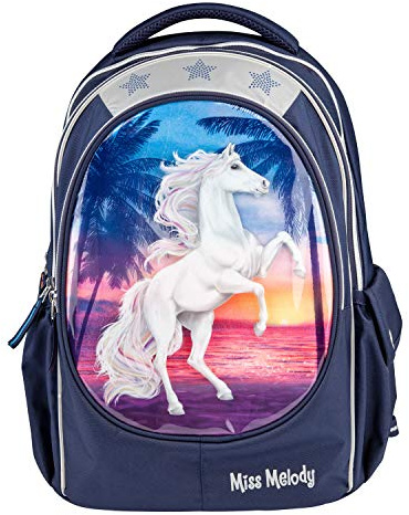 Depesche 10990 Miss Melody - Schulrucksack mit Pferde-Motiv, dunkelblauer Schul-Ranzen, ca. 44 x 34 x 24 cm, 19,6 Liter / 960 g, viele Fächer, Rücken belüftet und gepolstert, Träger verstellbar