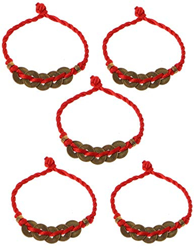 JinYu Lot de 5 pièces chinoises porte-bonheur - Bracelet Feng Shui - Pièces de monnaie - Pièces de monnaie traditionnelles avec cordon rouge pour la richesse et la réussite, métal