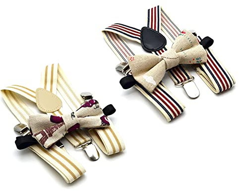 Anshili 2stk Kinder Hosenträger mit Fliege 3 Clips Y-Form - 2.5 cm Breit (A)