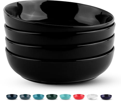 KooK Pasta Bowl, Salad Bowls, Soup, Serving Bowls, Ceramic, Large Capacity, Microwave & Dishwasher Safe, Set of 4, 40 Oz,(Black)