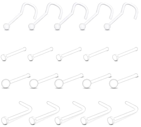 20 Pcs Clear Nose Stud, 4 styles of Acrylic Invisible Bone Studs Retainers for Daily Work Body Piercing