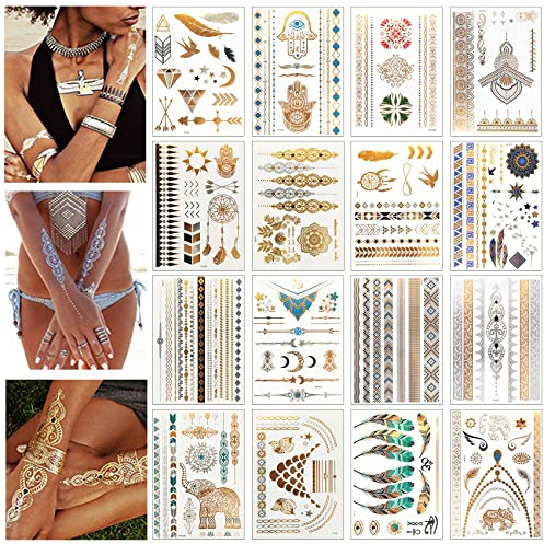 Tatuaggi Oro 16 Fogli, LUZOON Estate Tattoo Metallici Tatuaggi Temporanei Tattoo Impermeabile Adesivi 170+ Disegni per Spiaggia, Festival Musicali e Feste