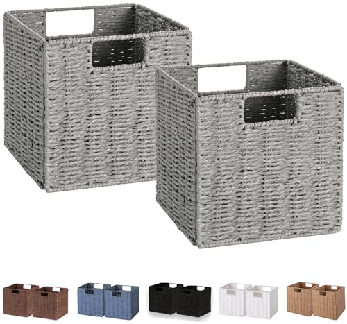 Vagusicc, Set di 2 cestini portaoggetti in corda di carta intrecciata a mano, pieghevoli, cubi, organizer per scaffali, dispensa, organizer in vimini medio, 22,9 cm, colore grigio