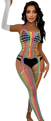 Trajes de fiesta para mujer, diseño de red de arco iris, a rayas, mini vestido hueco, body para discoteca, bikini, traje de festival, Arco iris Colorido#17, Talla única