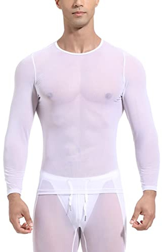 Hombres Ver a través de Manga Larga Malla Transparente Camiseta de Entrenamiento Camisa Sexy Transparente Tops Ropa de Discoteca Blanco XL