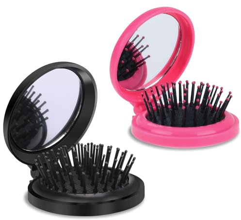 Mozeat Lens Mini Travel Hair Brush for Women, 2 Pcs Foldable Round Hairbrush with Mirror, Small Hair Comb, Pocket Size, Black & Rose Red