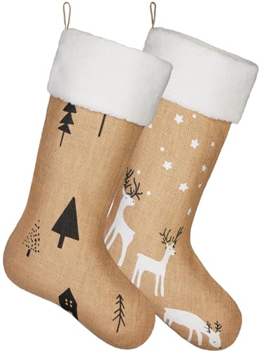 Brubaker Set di 2 Calze di Natale da Riempire e Appendere - Calze di Babbo Natale da 52 cm per Natale e San Nicola - Decorazione Natalizia Calze di Natale in Juta - Abeti e Renne